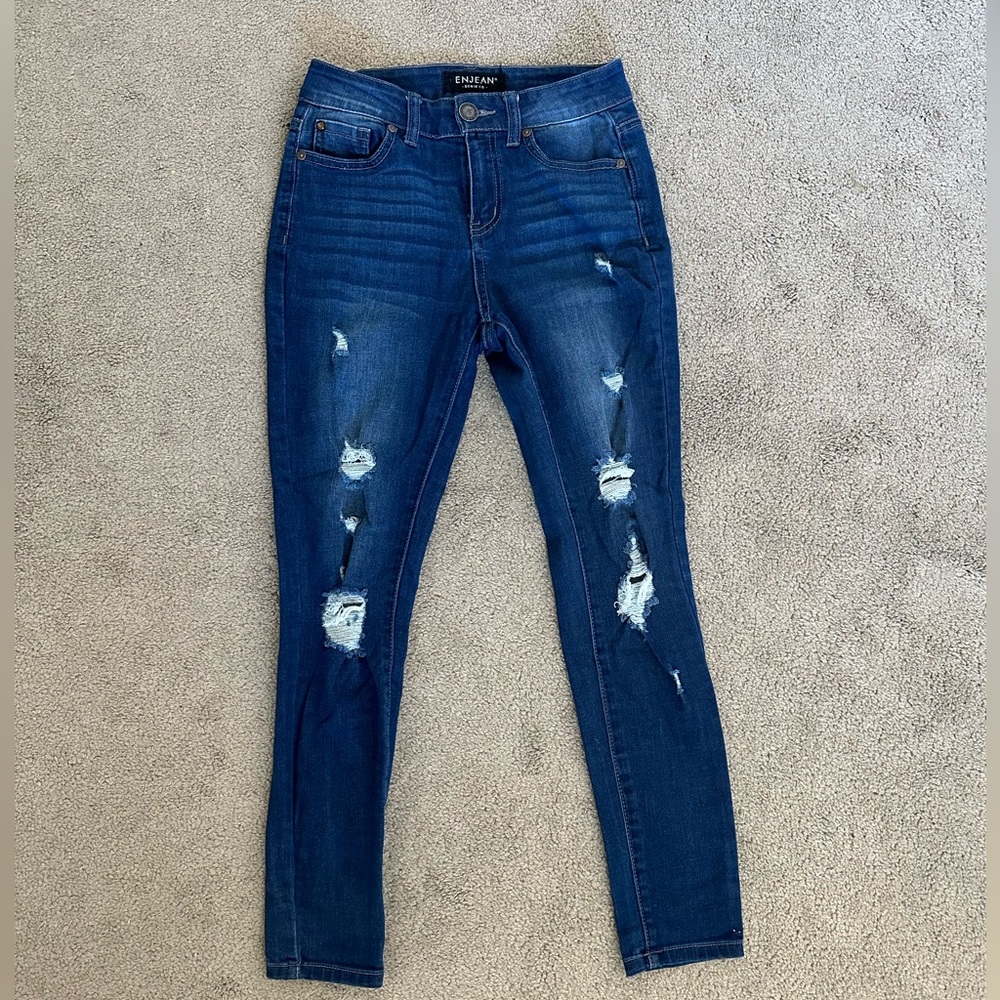 ENJEAN High Waist Long Pants Blue Jeans Denim Distressed Size 1